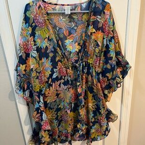 Bleu Rod Beattie Blue Multicolor Floral Ruffled Tie Swim Coverup Size Large